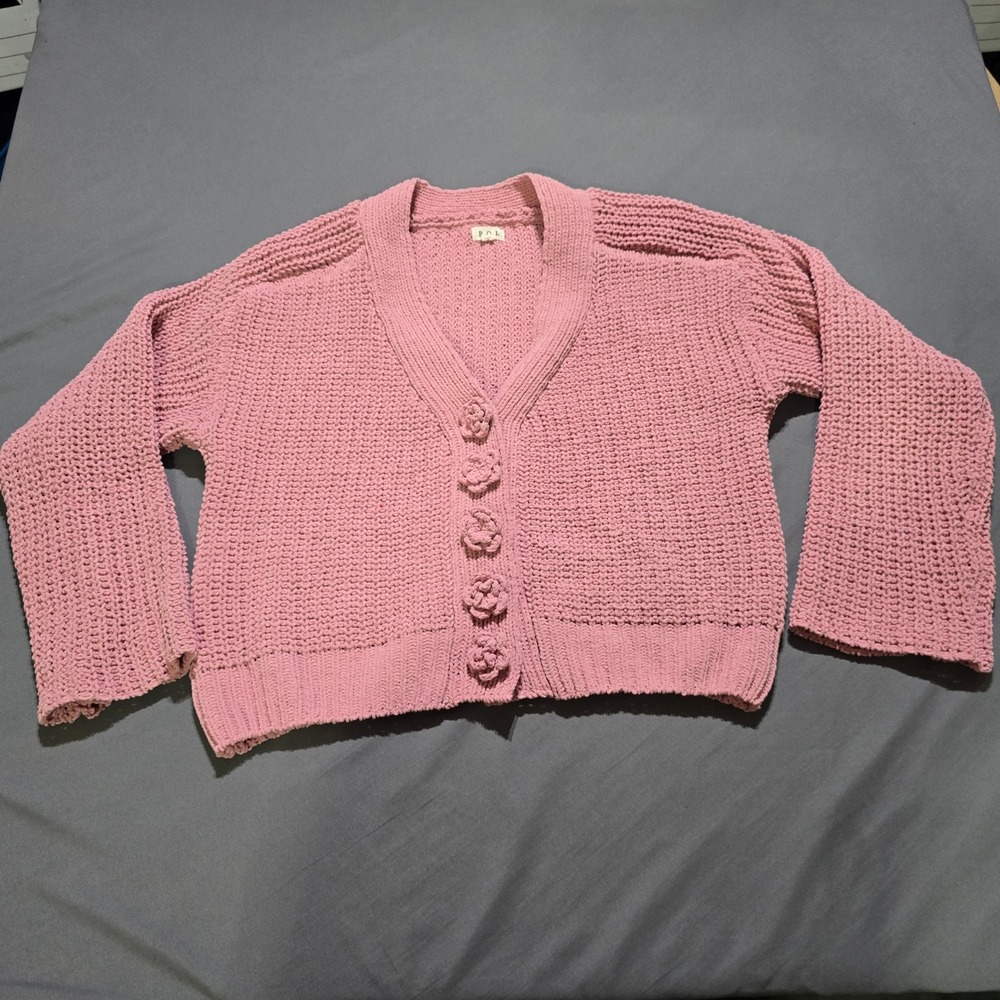POL Cardigan Women Small Pink Chenille Waffle Knit Flower Button SMST785